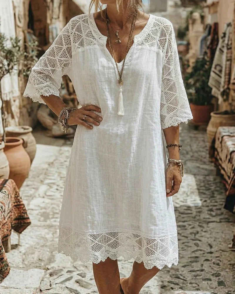 Valeriane - Vestido Recto Boho de Lino (collar de regalo)