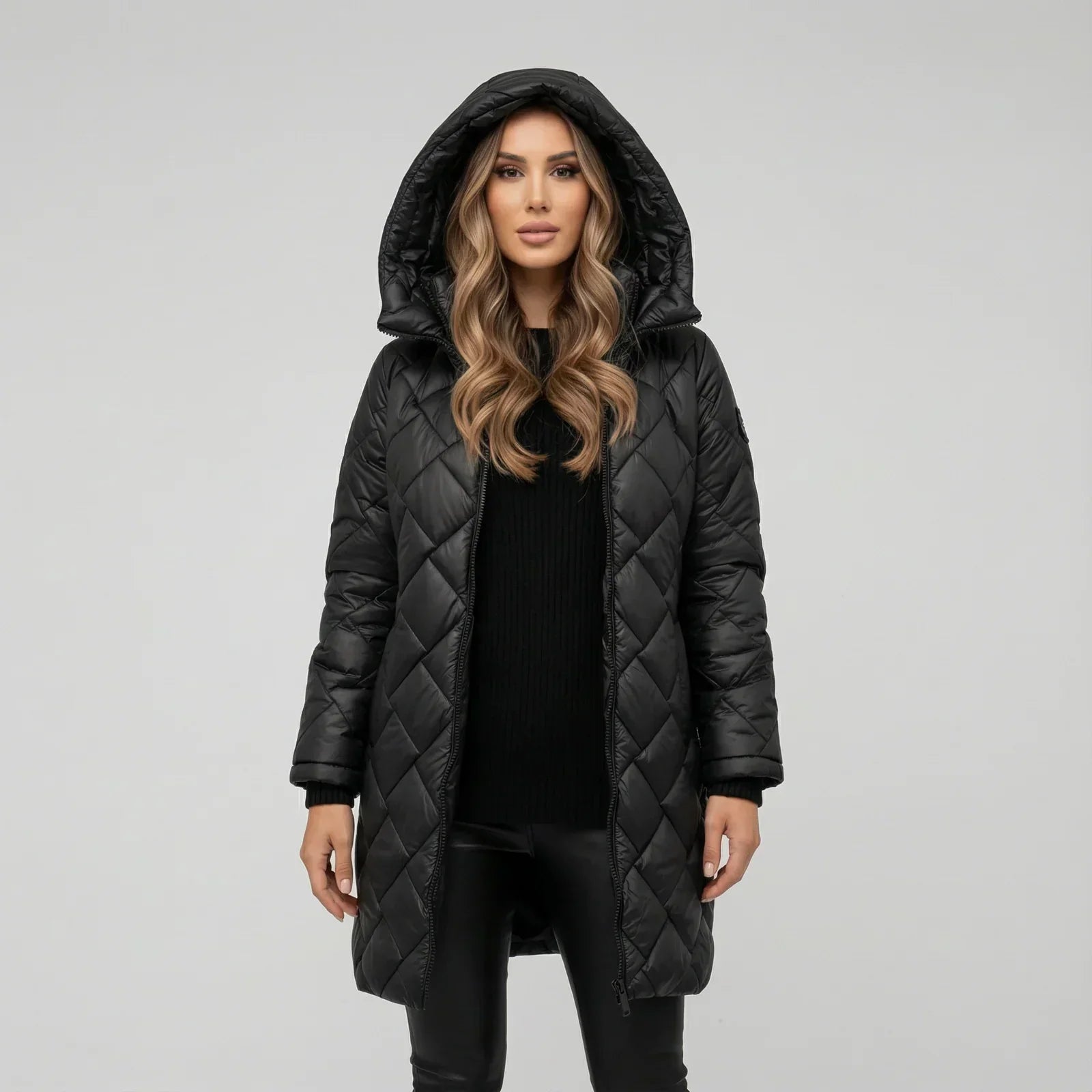 Natalia - Long Manteau Matelassé Luxueux à Capuche
