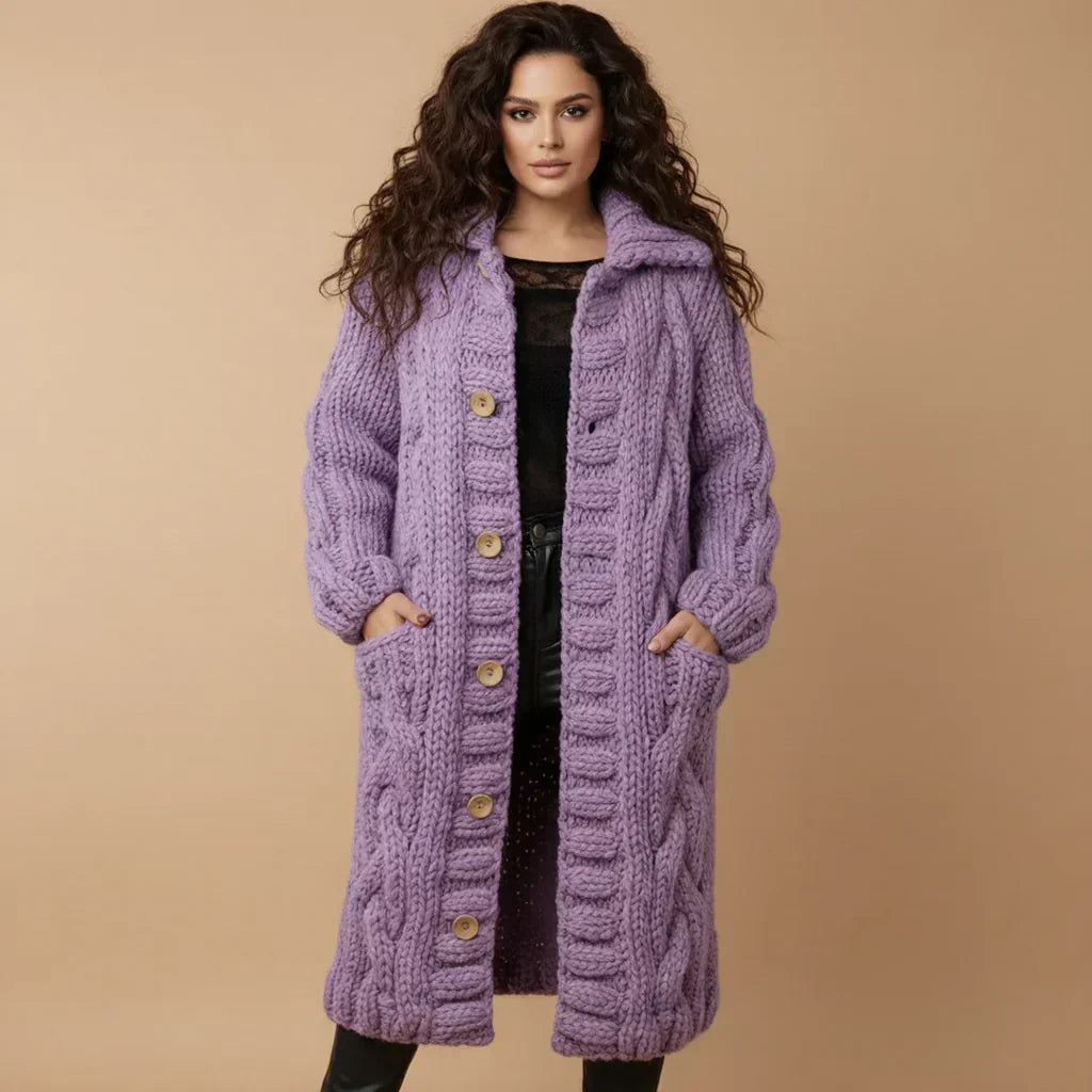 Lola - Manteau Gilet Long Tricot Torsadé Chaud