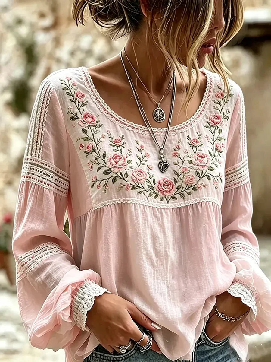 Isra - Blusa De Lino Estilo Bohemio Bordada Con Flores