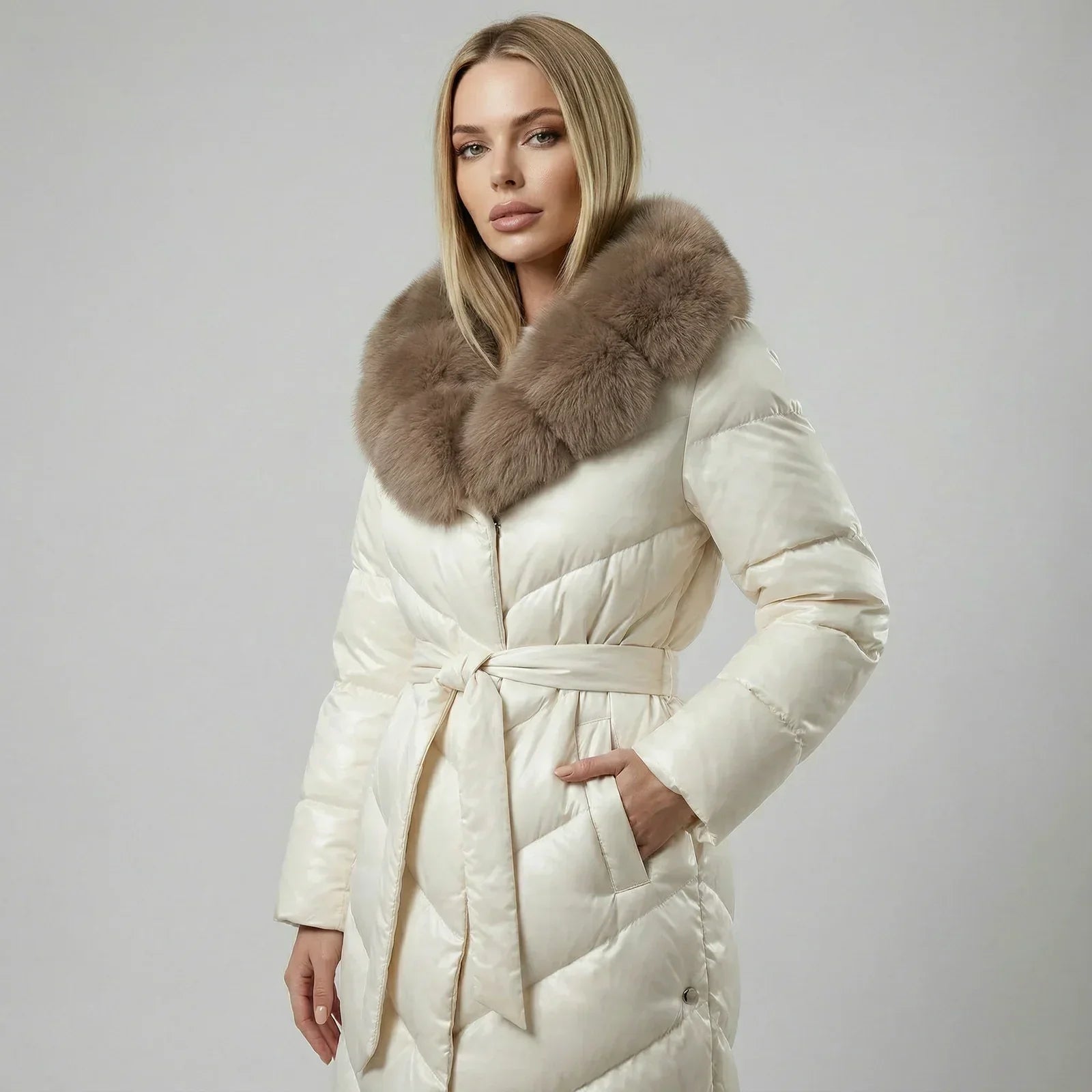 Khrystina - Long Manteau Chic Matelassé Col en Fourrure