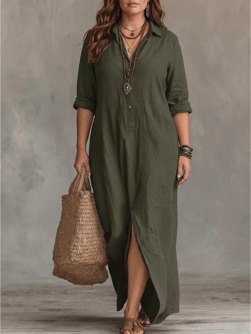 Whitney - Vestido Maxi Camisero con Abertura y Collar