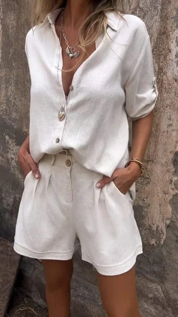 Lina - Premium Linned Skjorte og Shorts Sæt