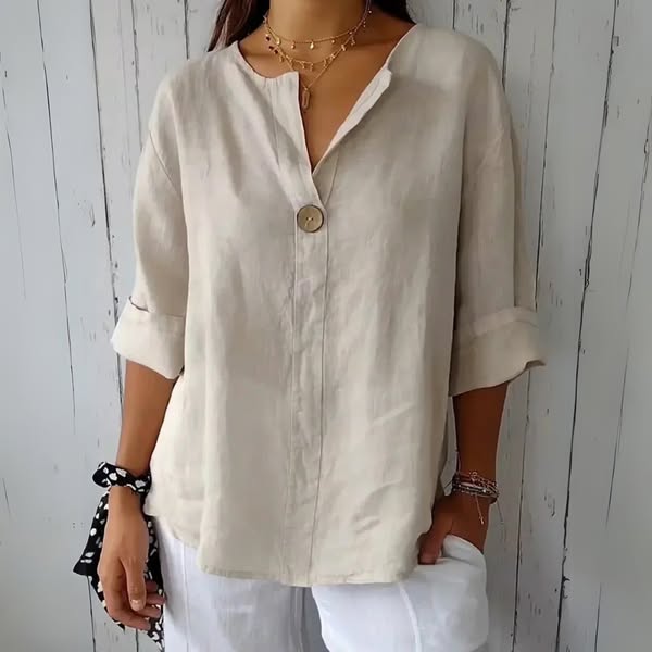 Ninon - Linned Bluse med V-Hals