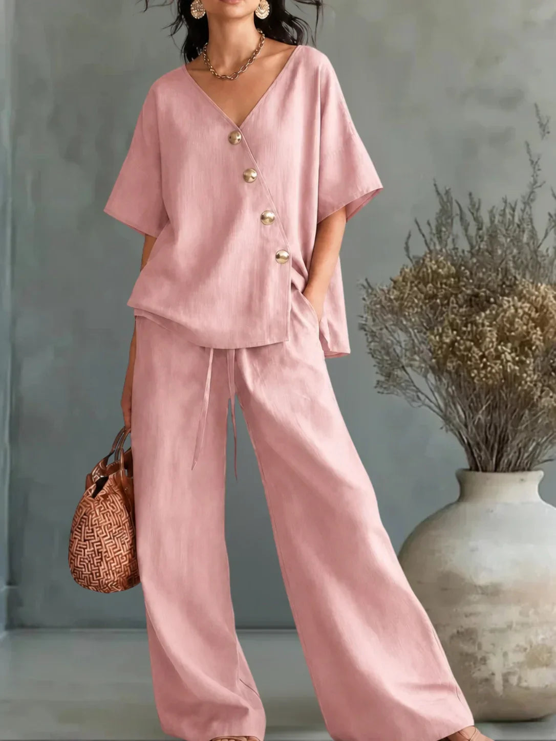 Gislaine - Conjunto Blusa y Pantalón Amplio de Lino y Algodón