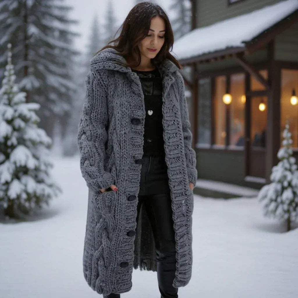 Lola - Manteau Gilet Long Tricot Torsadé Chaud