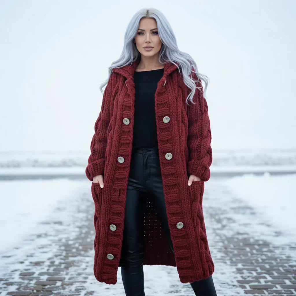 Lola - Manteau Gilet Long Tricot Torsadé Chaud