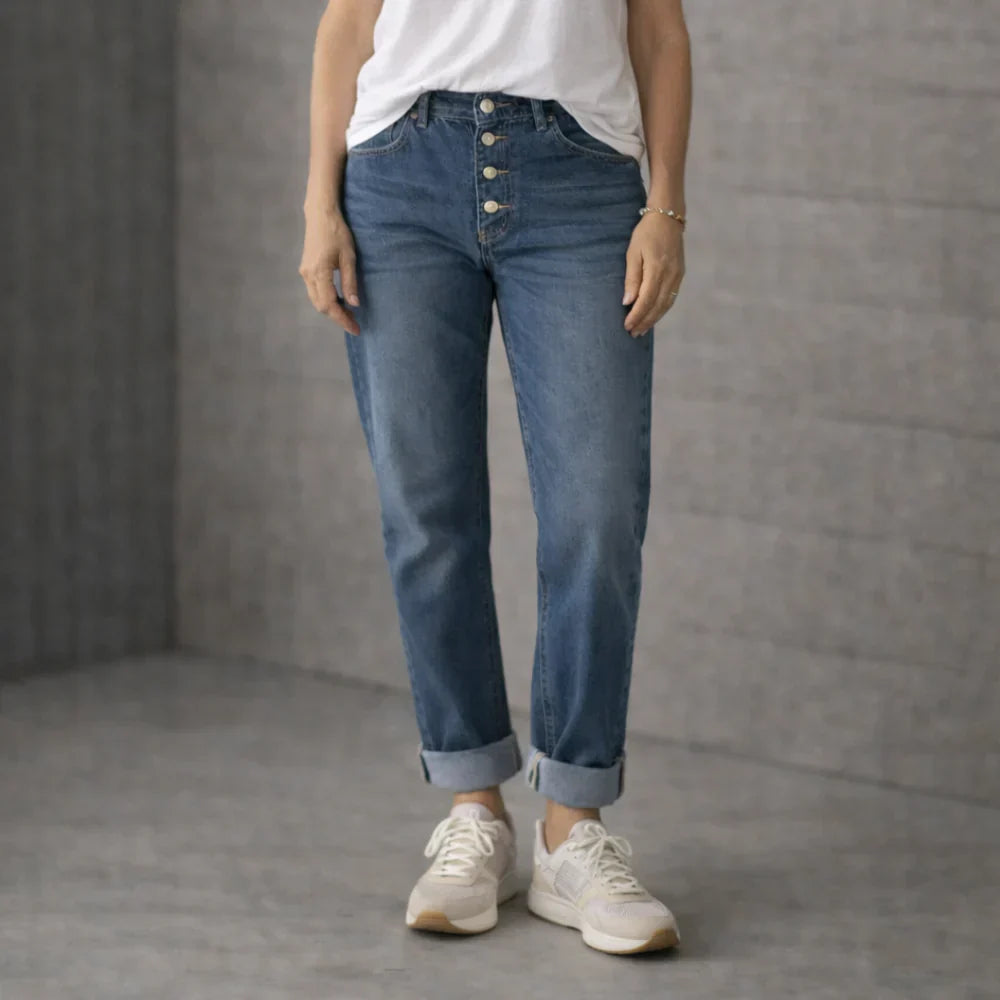 Nuria - Jean Boutonné en Denim Coupe Droite