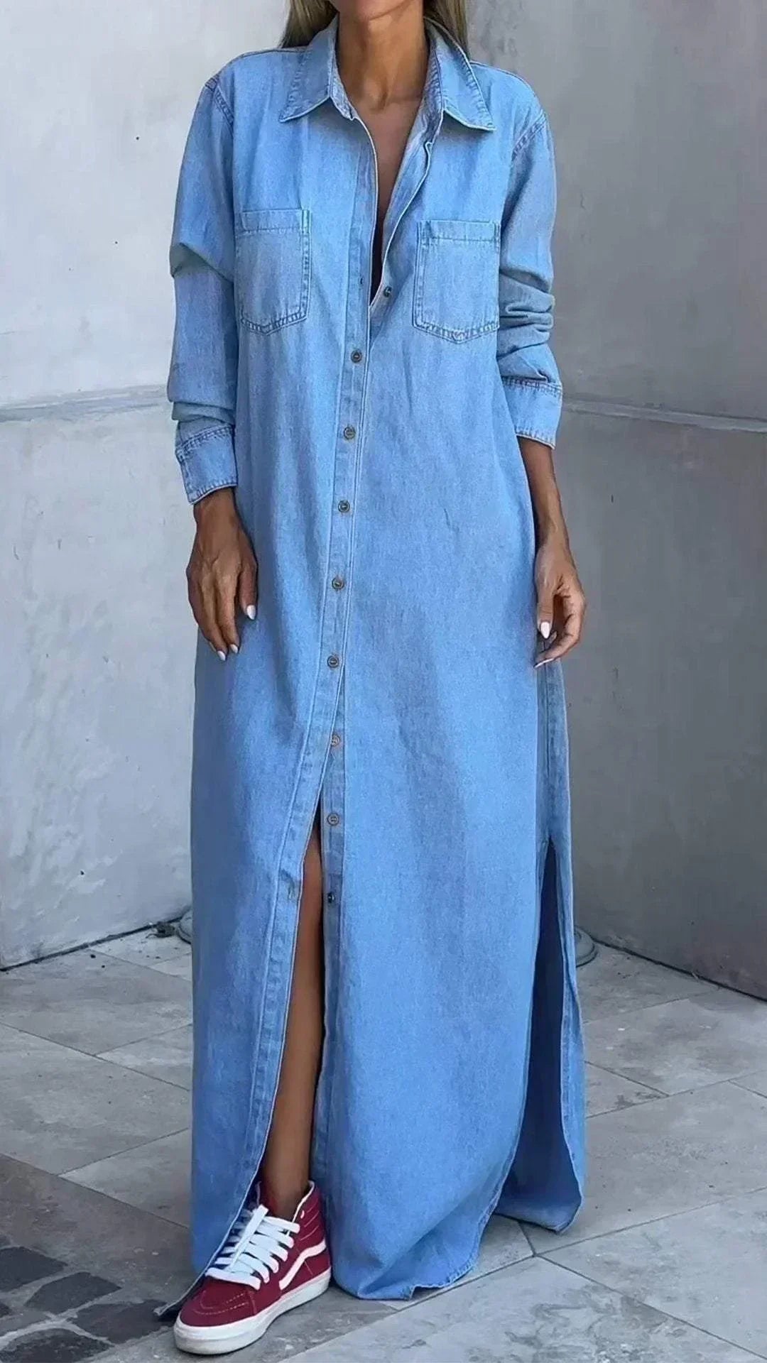 Shanon - Lang Denim Skjortekjole med Knapper