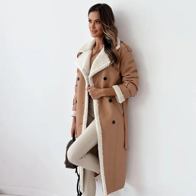 Karyne - Elegantní Dlouhý Kabát Z Obrácené Ovčí Kůže