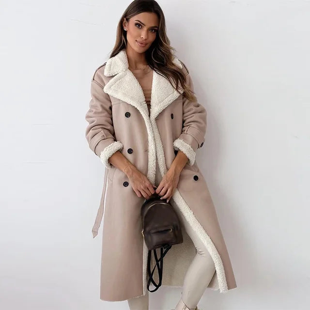 Karyne - Elegantní Dlouhý Kabát Z Obrácené Ovčí Kůže
