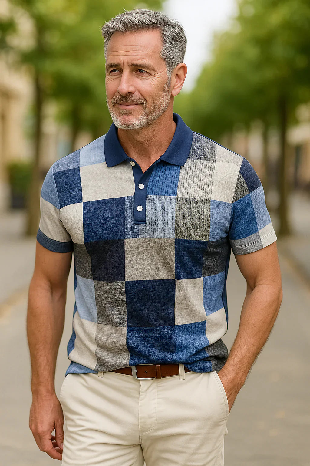 Diogo - Nefes Alabilen Pamuklu Polo, Renkli Kare Desenli