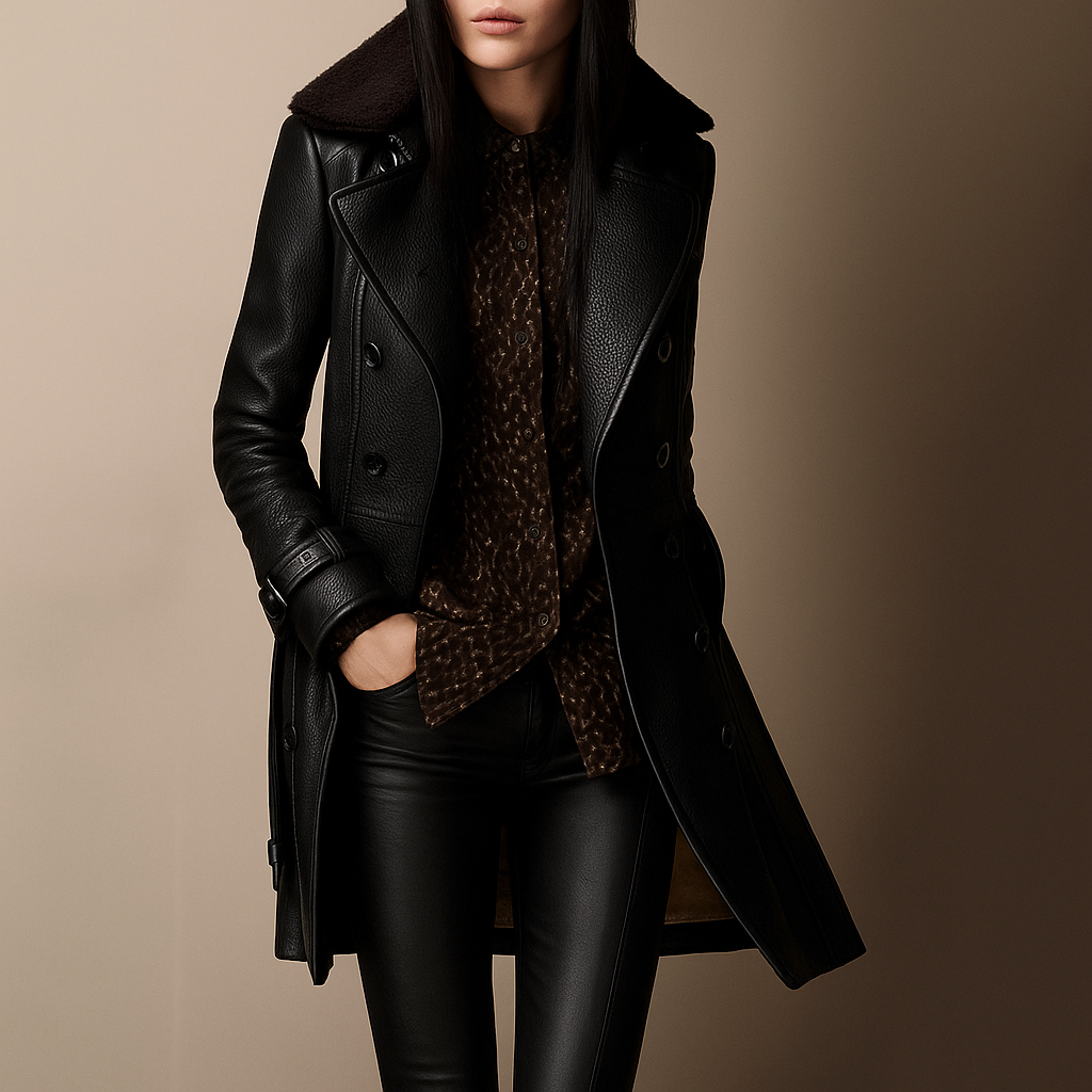 Lidwina - Manteau Élégant Mi Long en Cuir Véritable