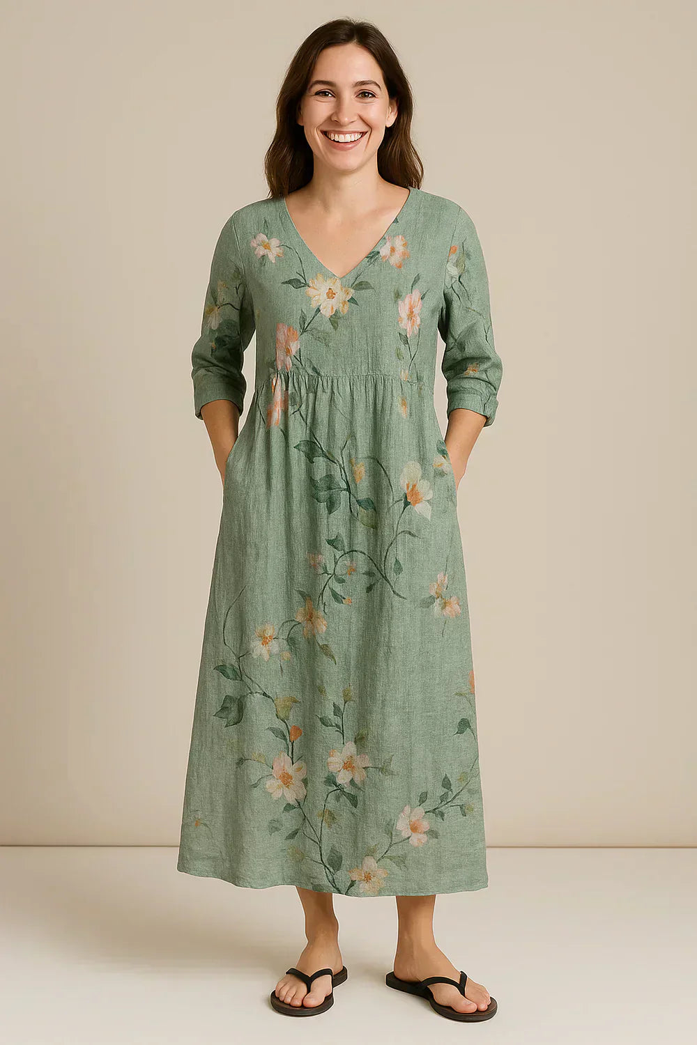 Juline - Elegant Blomstret Kjole i Bomuld & Hør