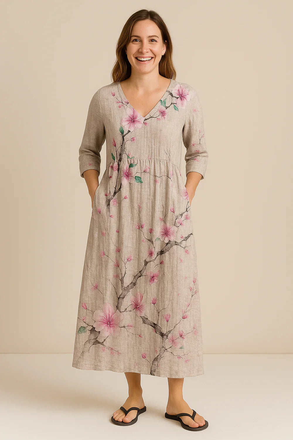 Juline - Elegant Blomstret Kjole i Bomuld & Hør