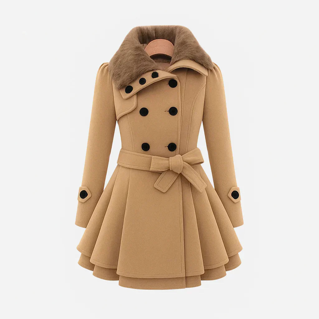 Sofia - Sofistikovaný Kabát S Páskem A Kožešinovým Límcem