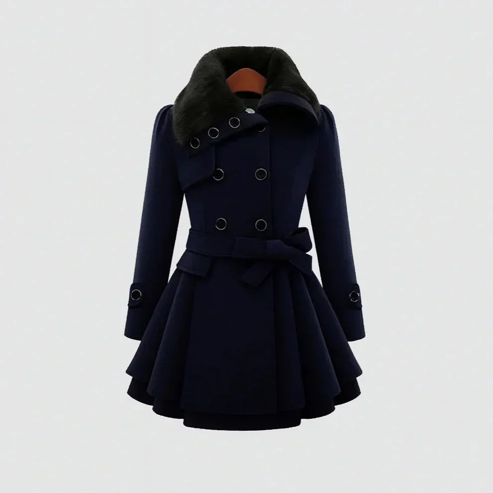 Sofia - Sofistikovaný Kabát S Páskem A Kožešinovým Límcem
