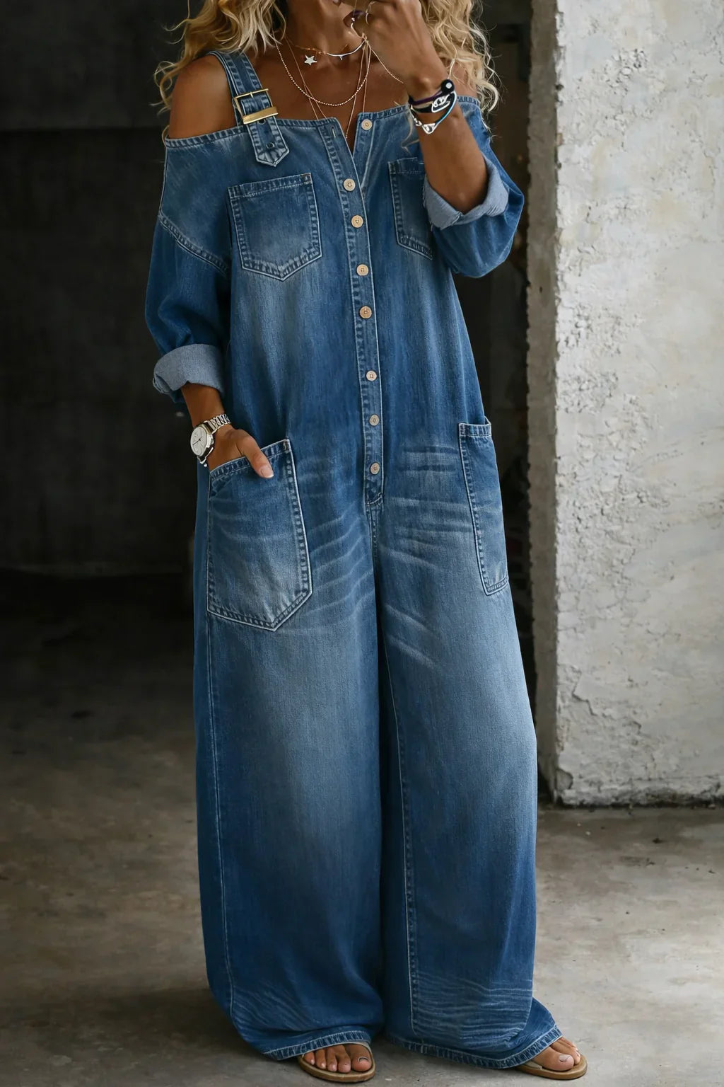 Binta - Mono de Denim con Hombros Descubiertos