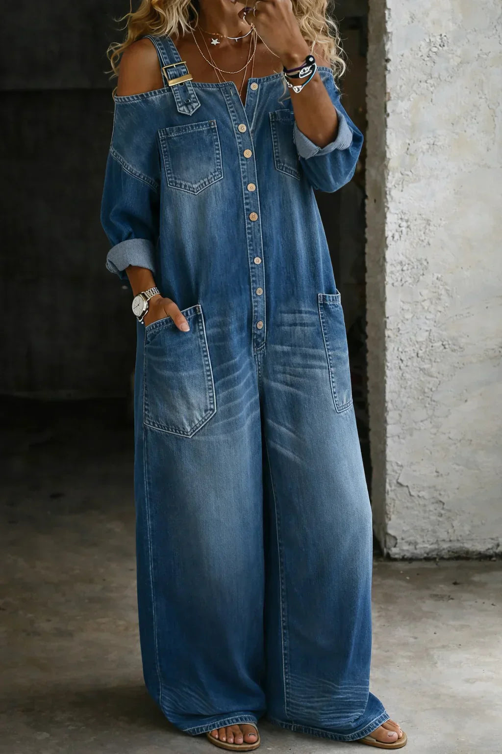 Binta - Mono de Denim con Hombros Descubiertos