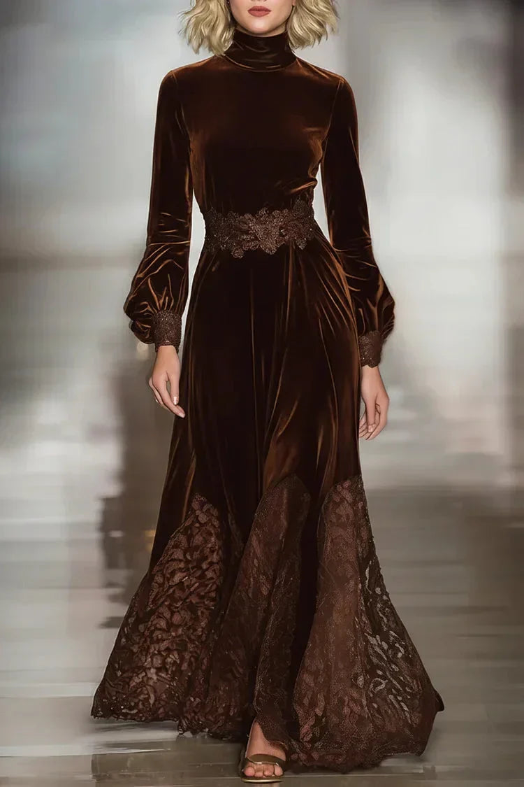 Evelyn - Longue Robe en Velours Chic Détails Dentelle Brodée