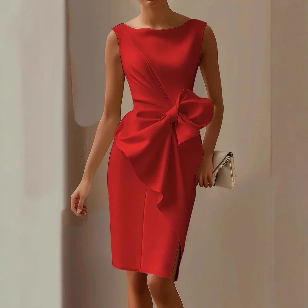 Carina - Elegant Fitted Satin Dress with Bow