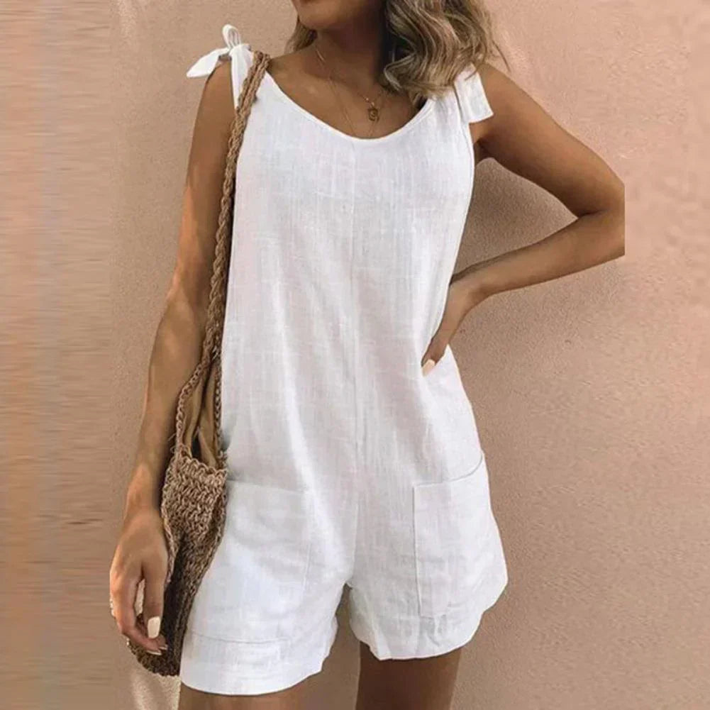 Louisa - Linned Playsuit med Skuldersløjfe