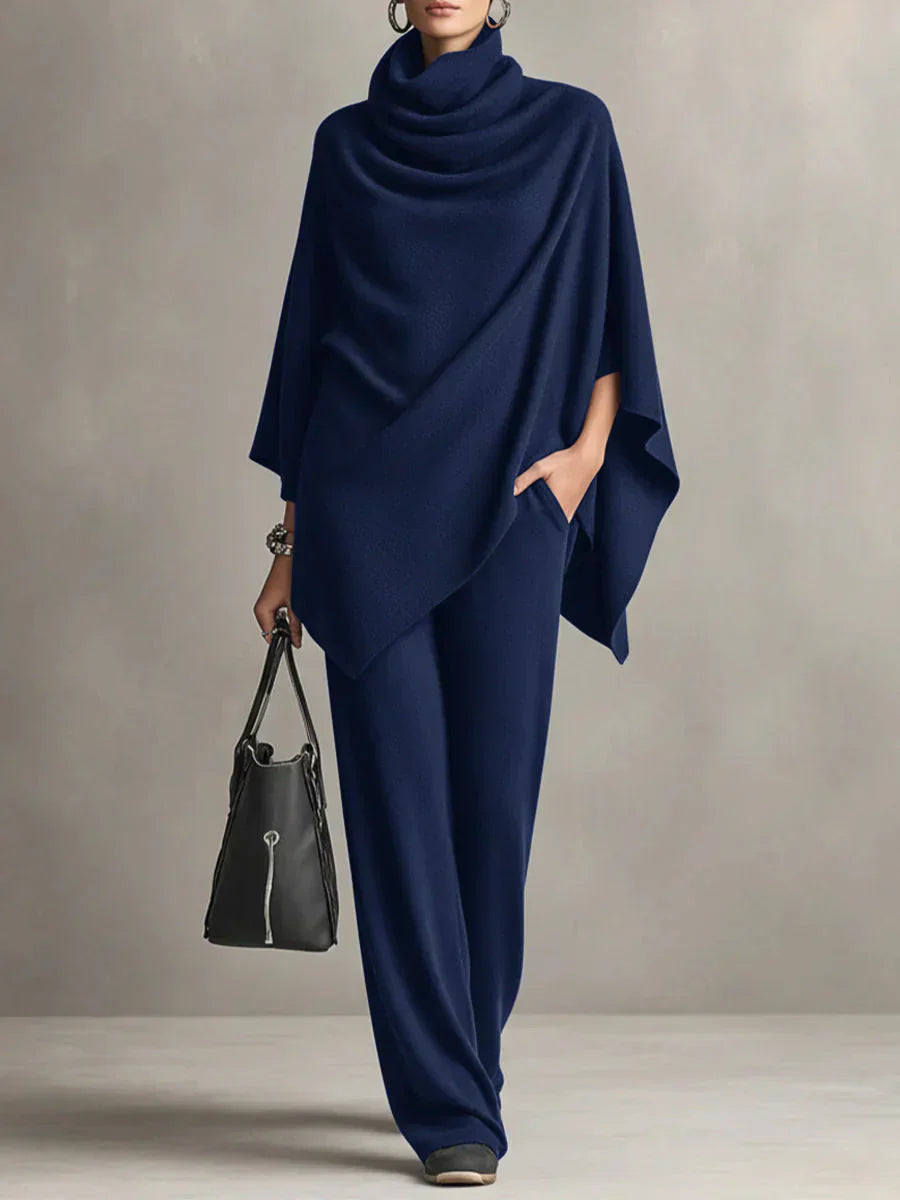 Gianna - Conjunto Elegante de Poncho Drapeado de Lana y Pantalones