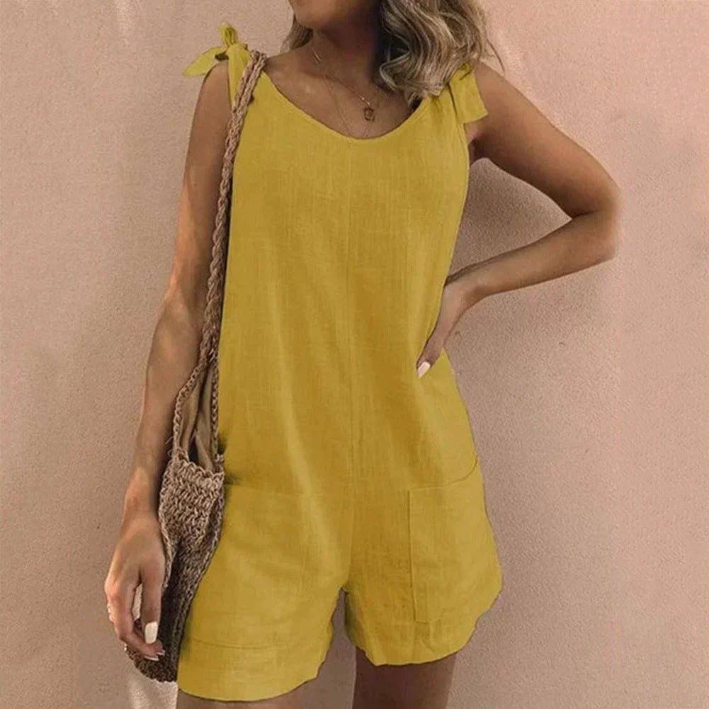Louisa - Linned Playsuit med Skuldersløjfe