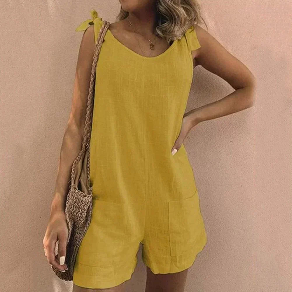 Louisa - Linned Playsuit med Skuldersløjfe