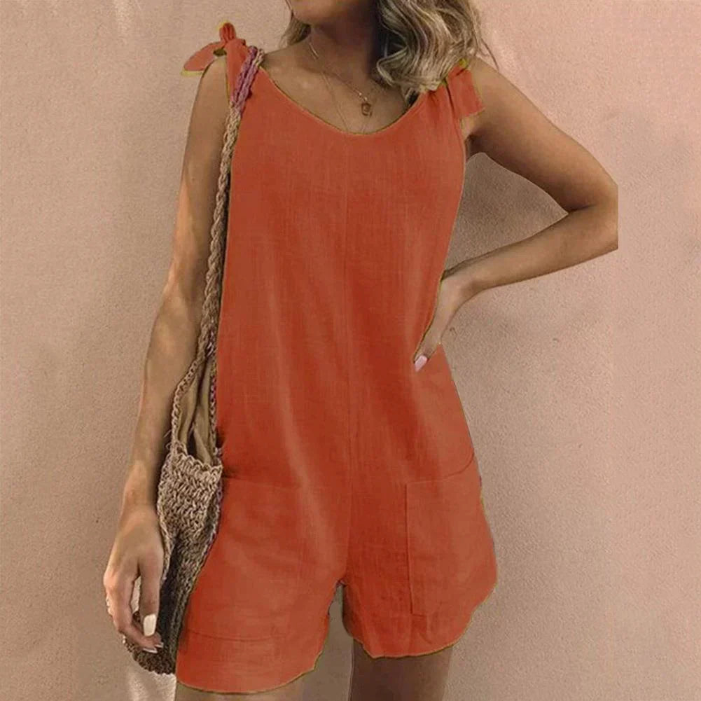 Louisa - Linned Playsuit med Skuldersløjfe