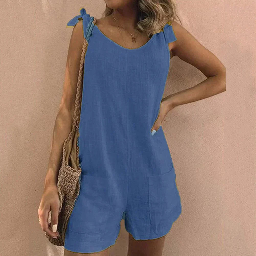 Louisa - Linned Playsuit med Skuldersløjfe