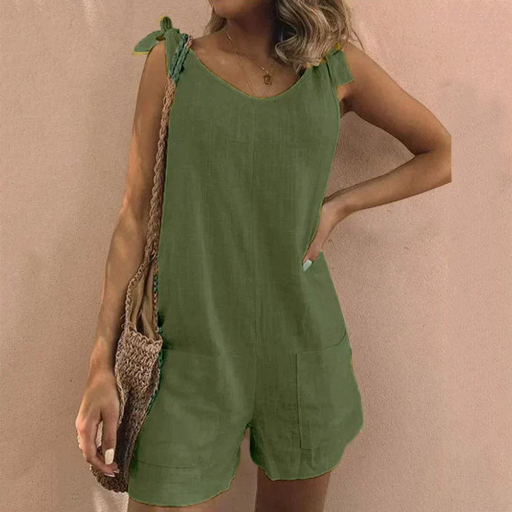 Louisa - Linned Playsuit med Skuldersløjfe