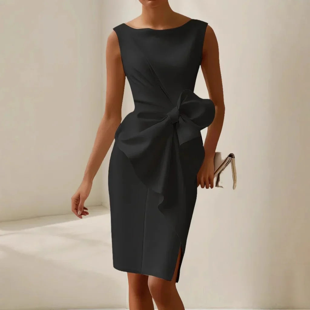 Carina - Elegant Fitted Satin Dress with Bow