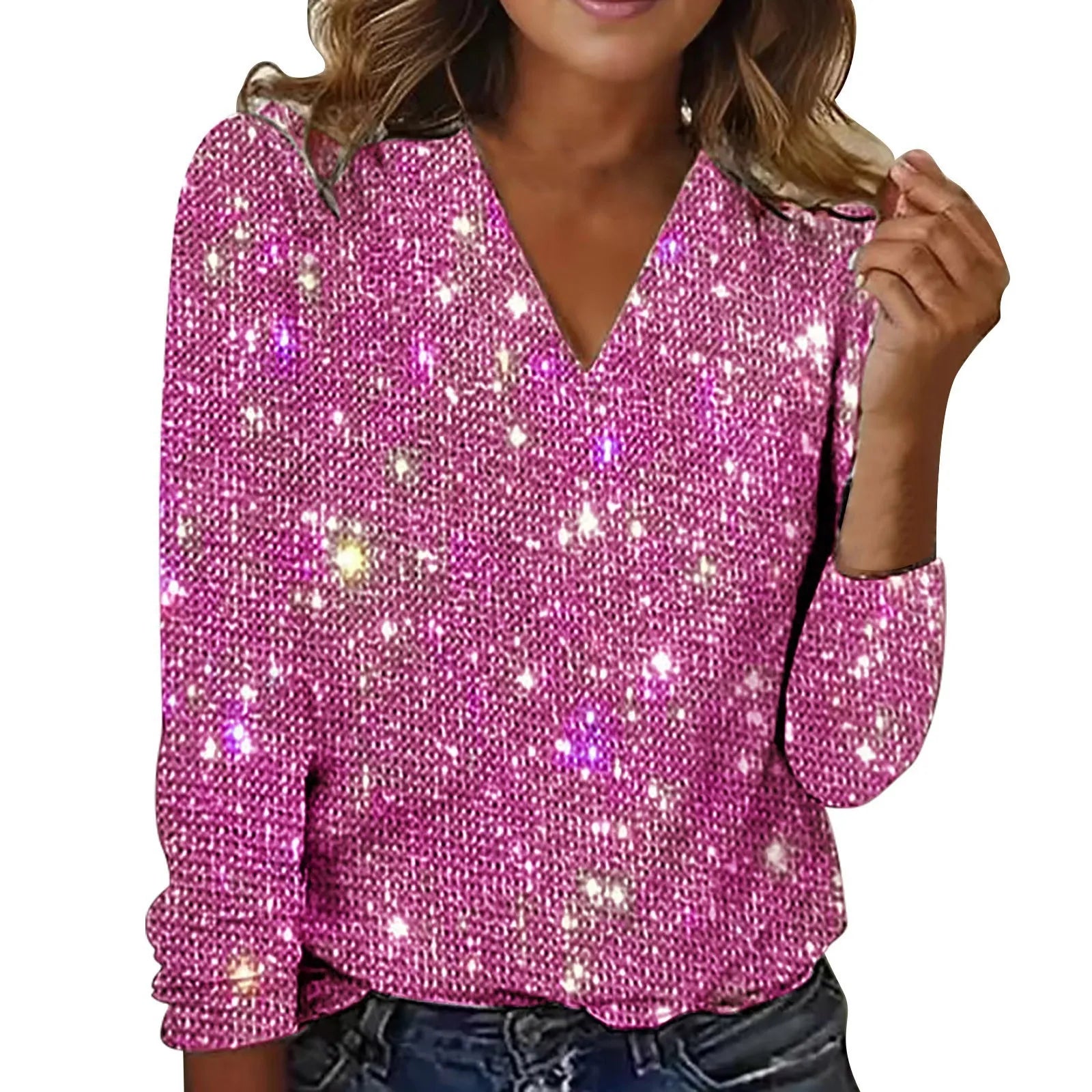 Ashley - Blouse Scintillante Col V Élégante