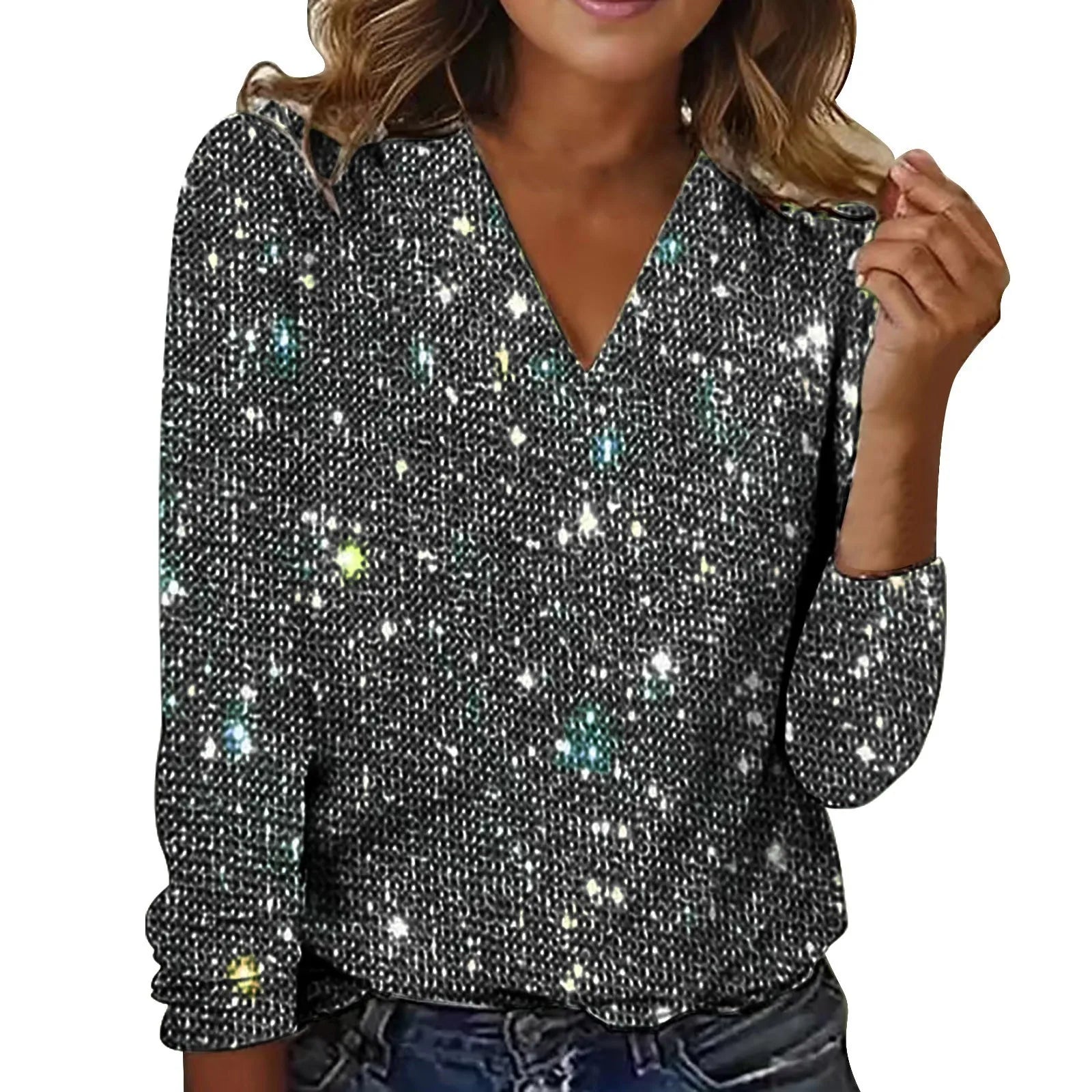Ashley - Blouse Scintillante Col V Élégante