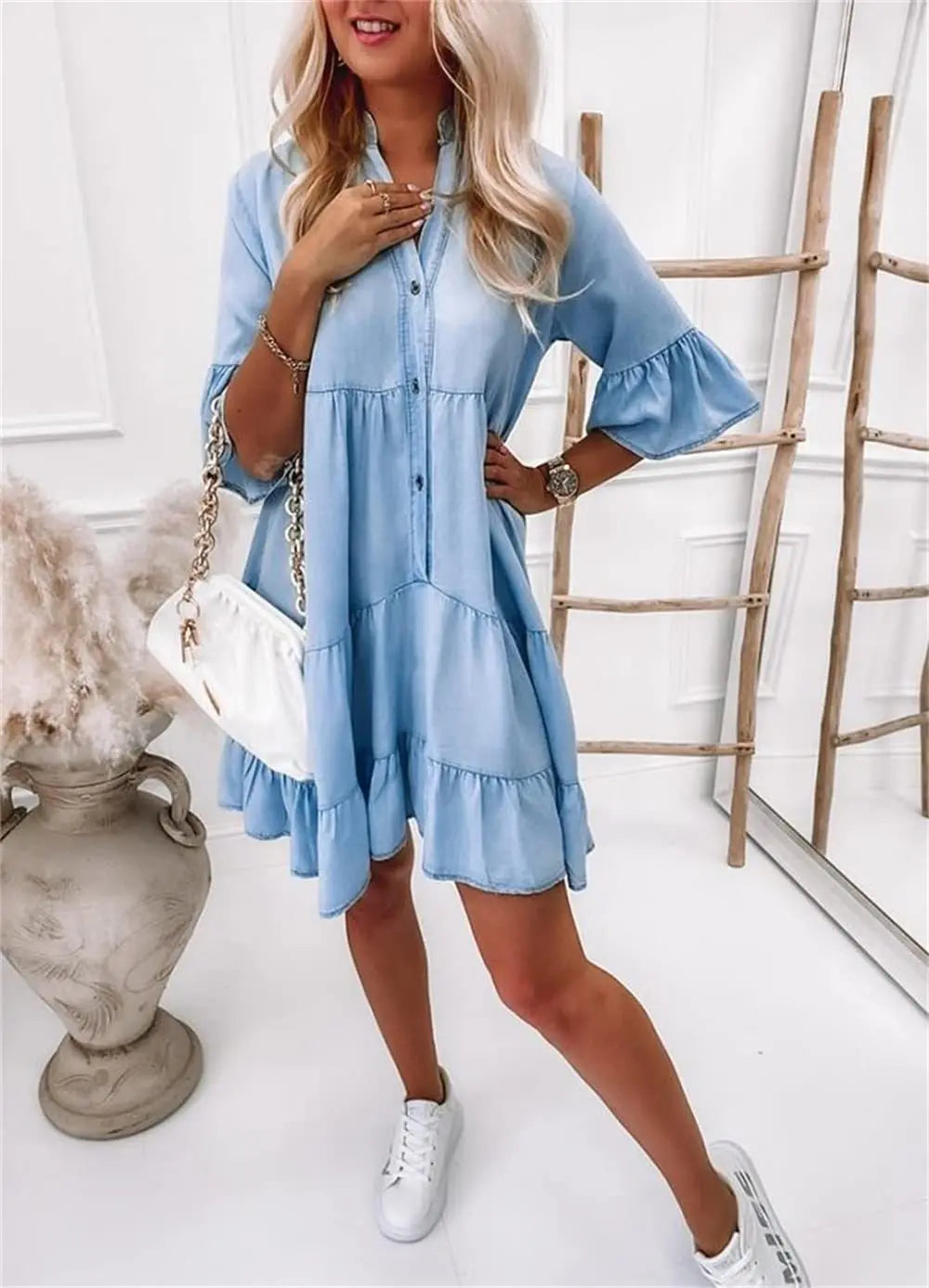 Marta - Robe Boutonnée en Denim à Volants