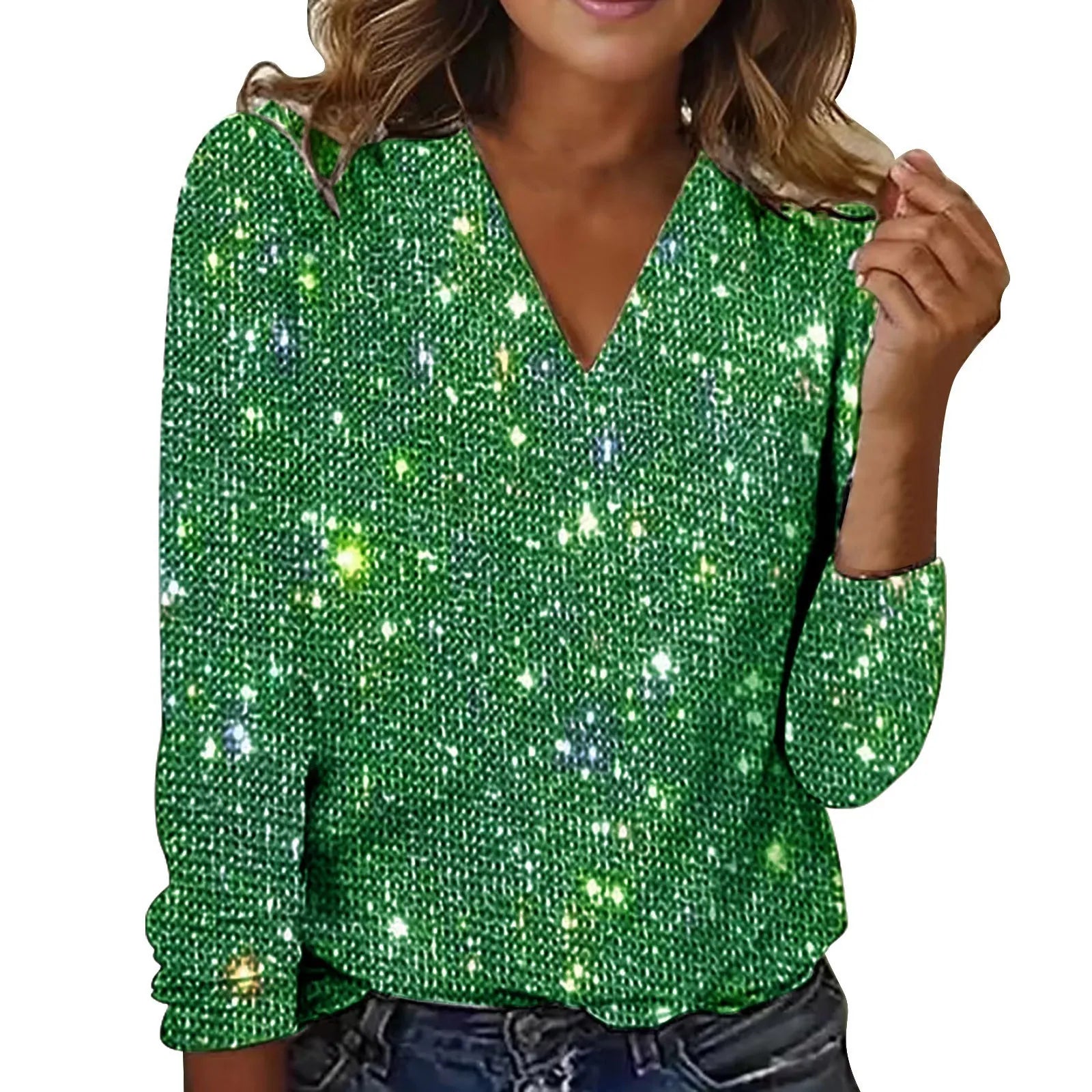 Ashley - Blouse Scintillante Col V Élégante