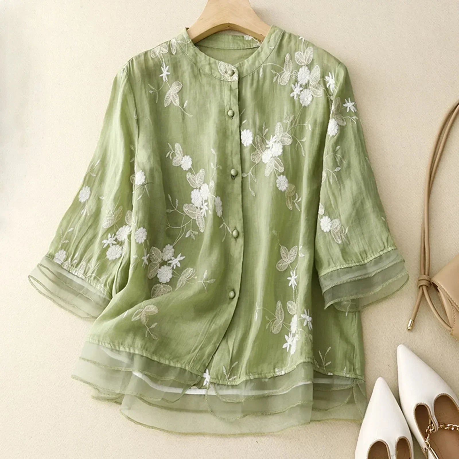 Hedda - Bomuldsbluse med Broderet Tyl