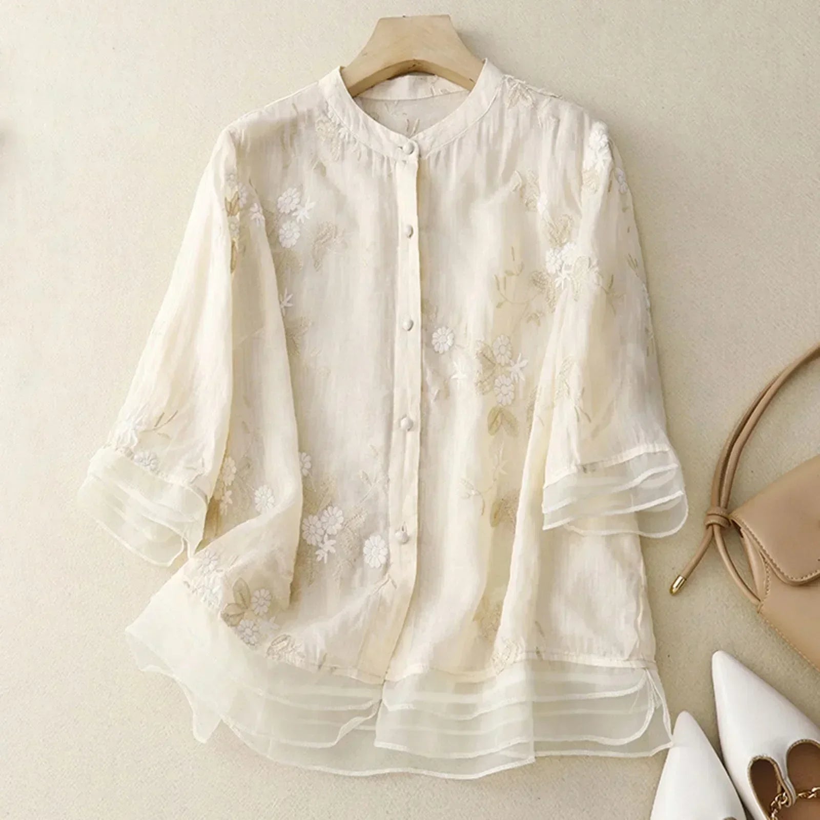 Hedda - Bomuldsbluse med Broderet Tyl