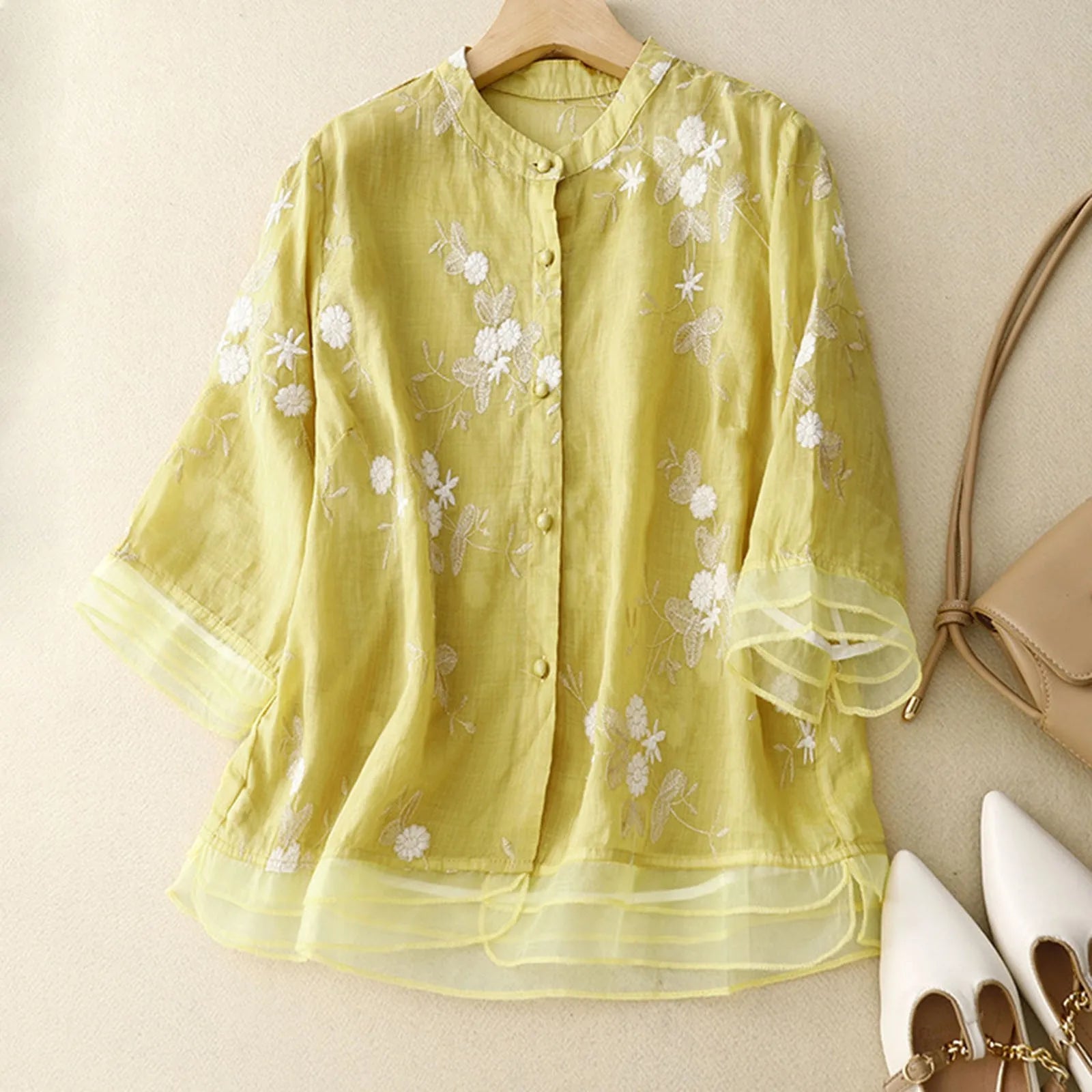 Hedda - Bomuldsbluse med Broderet Tyl