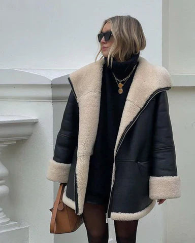 Emelia - Kožená Bunda S Fleece Podšívkou Z Obrácené Ovčí Kůže