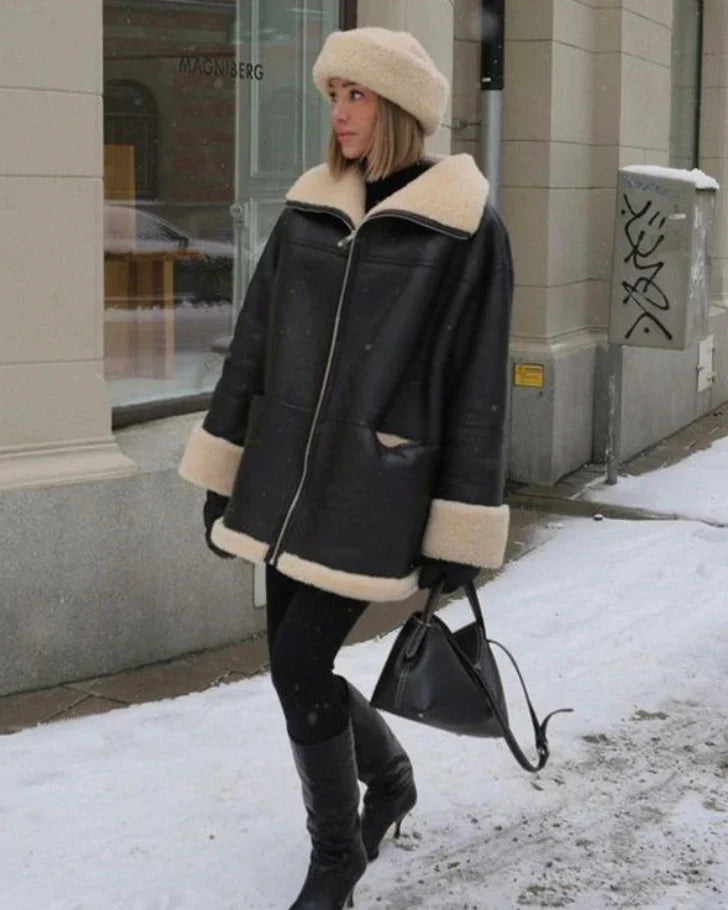 Emelia - Kožená Bunda S Fleece Podšívkou Z Obrácené Ovčí Kůže