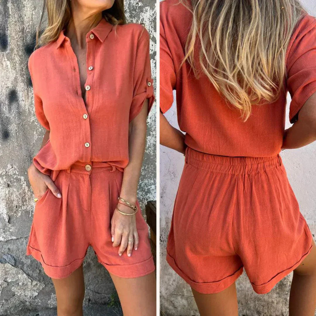 Lina - Premium Linned Skjorte og Shorts Sæt