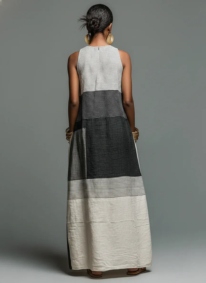 Beryl - Vestido Maxi de Patchwork a Rayas de Algodón