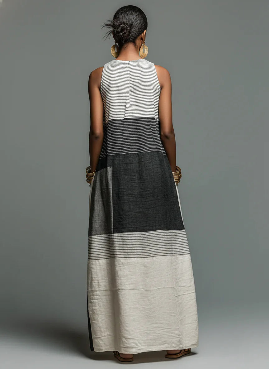 Beryl - Vestido Maxi de Patchwork a Rayas de Algodón