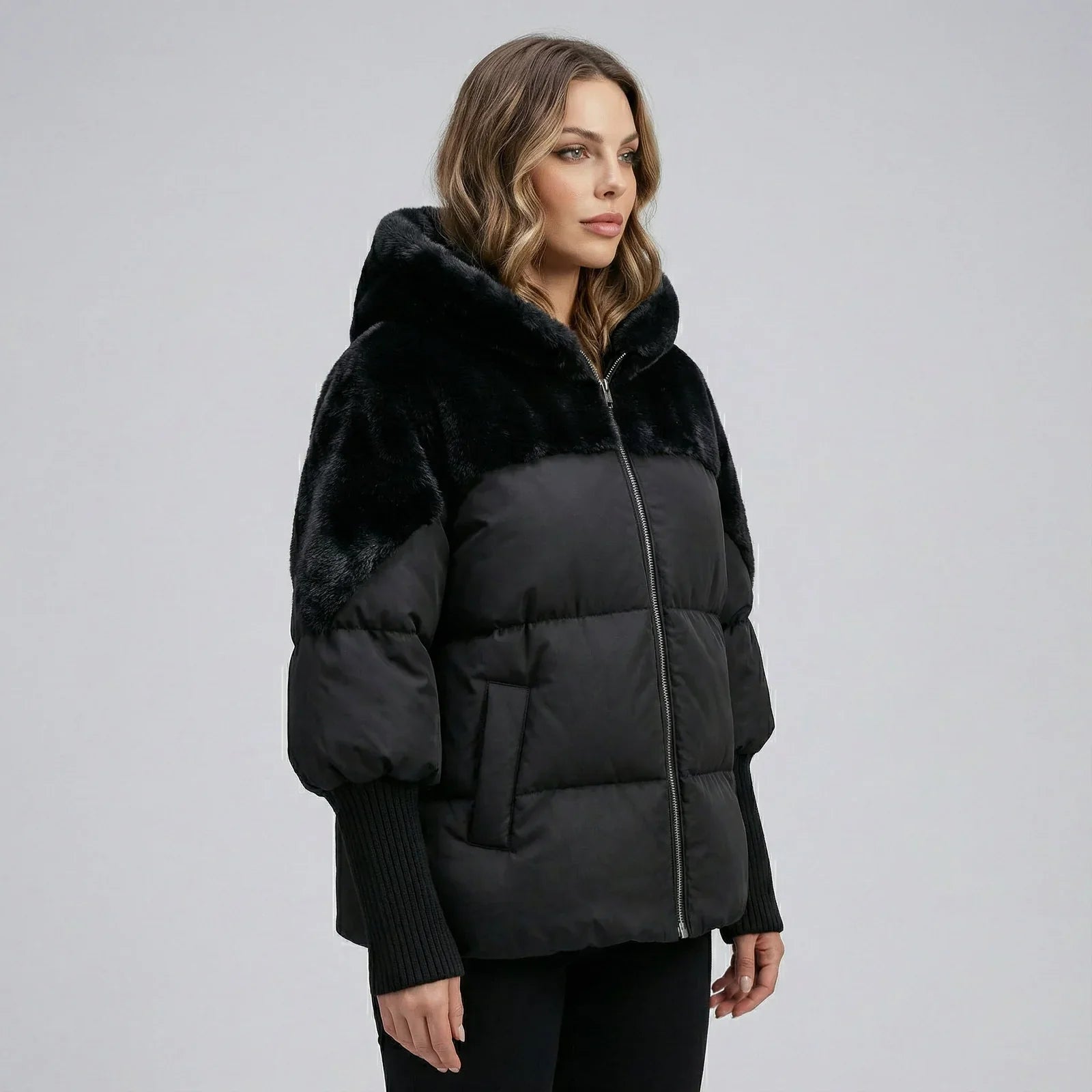 Aleksandra - Doudoune Bi Matière Elégante à Capuche