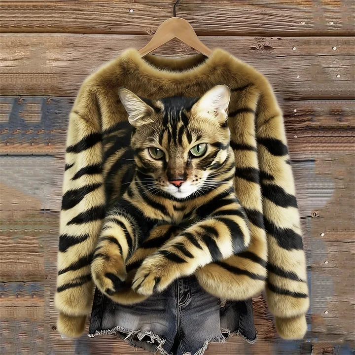 Churcilia - Pull Polaire Chat Tigré Effet 3D Qualité Supérieure