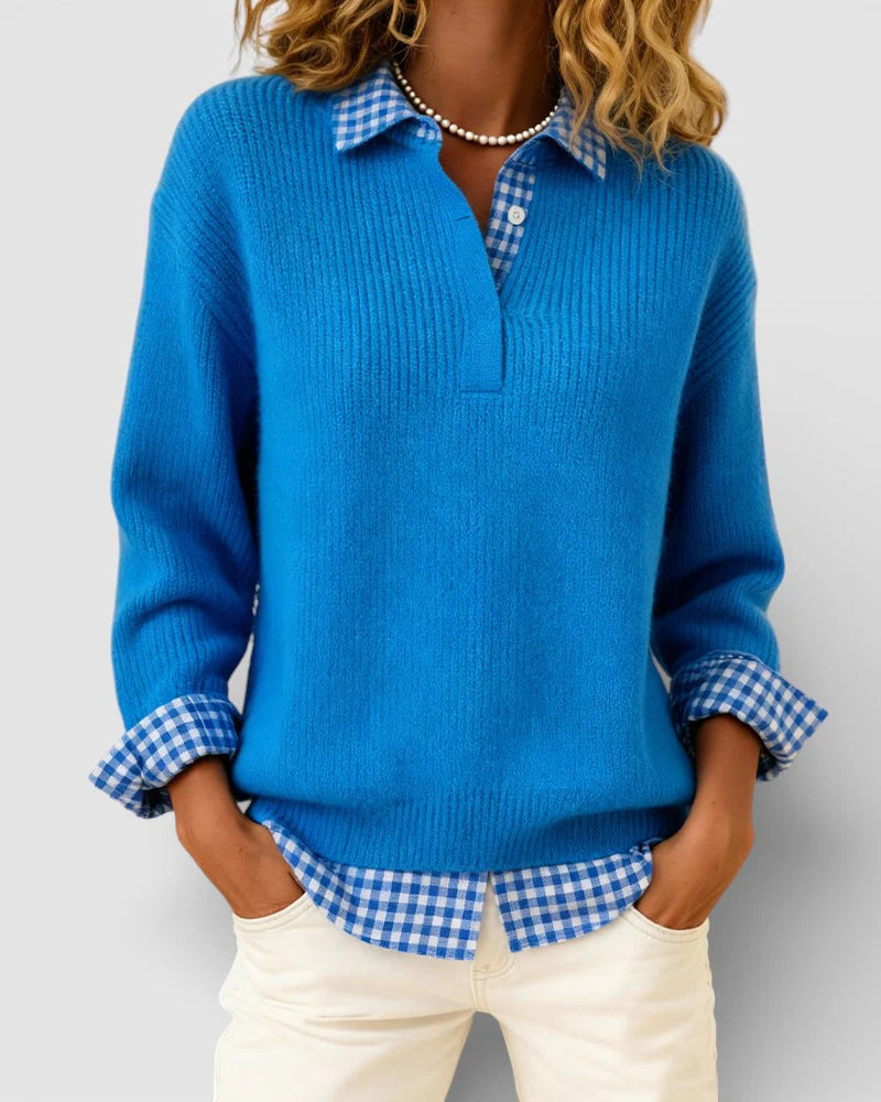 Busra - Pull Mélange Laine Cachemire Détails à Carreaux