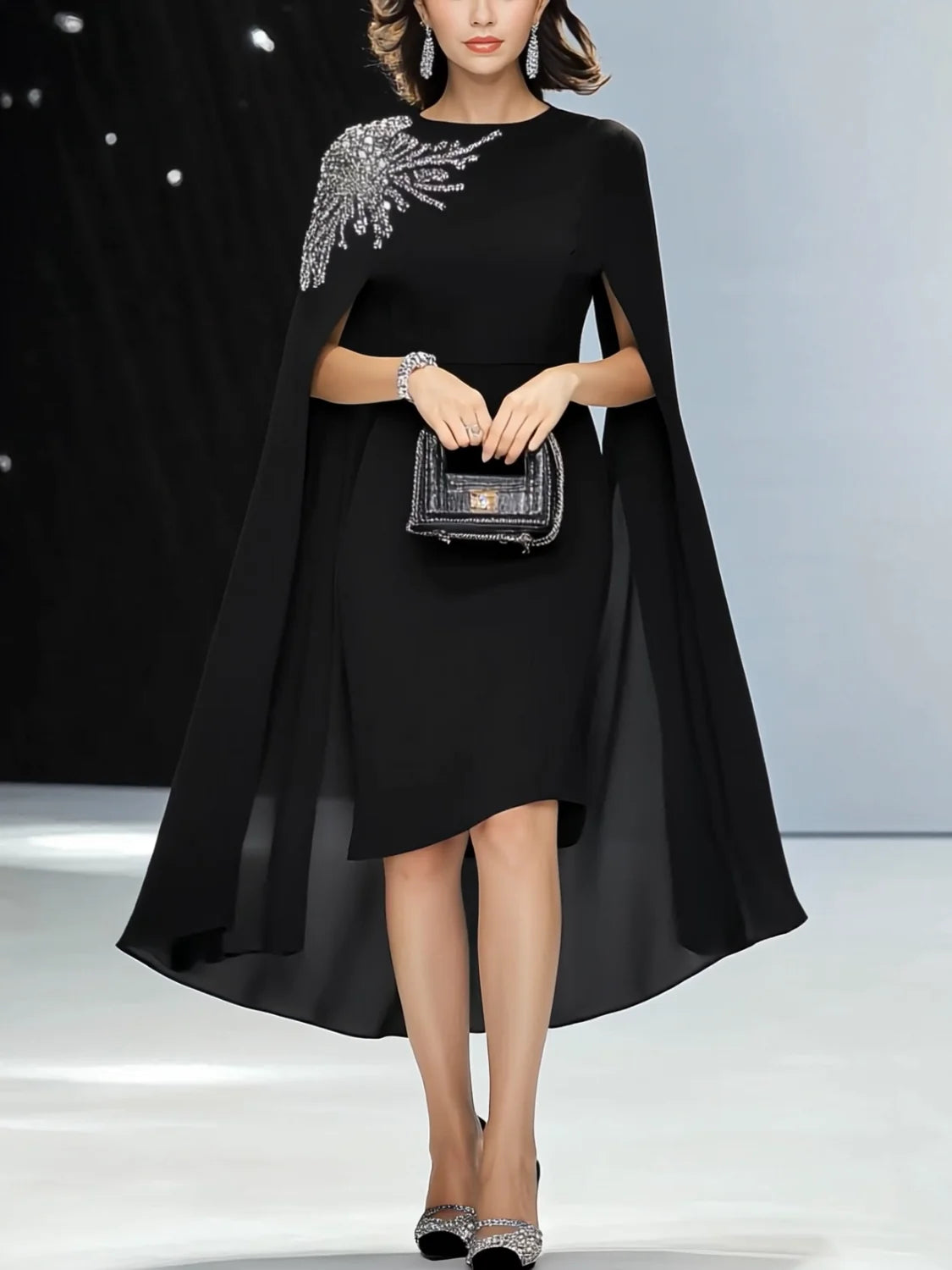 Inaya - Elegant Sort Kjole med Kappeærmer