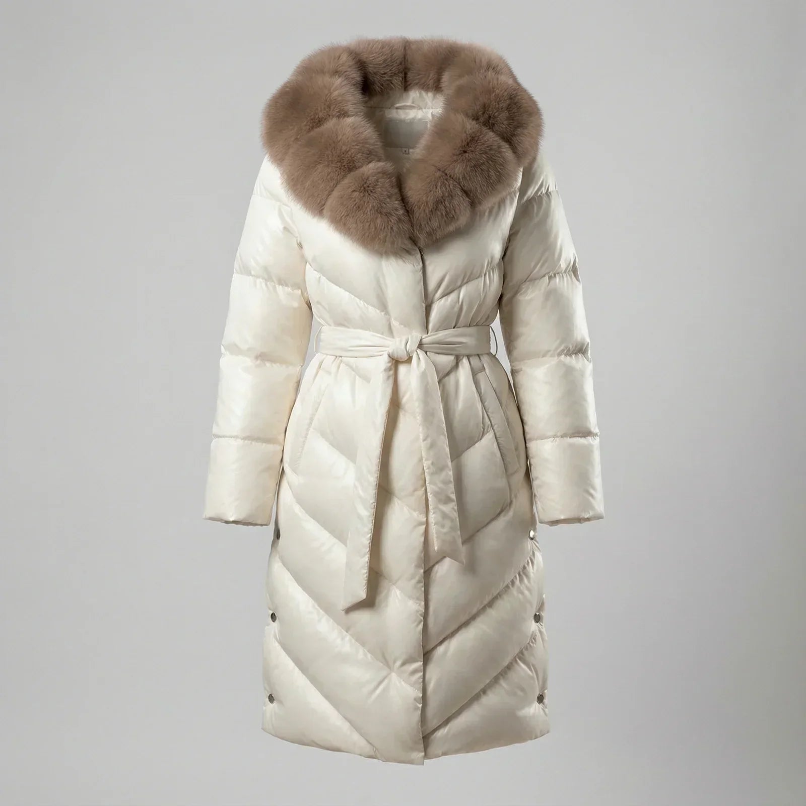 Khrystina - Long Manteau Chic Matelassé Col en Fourrure